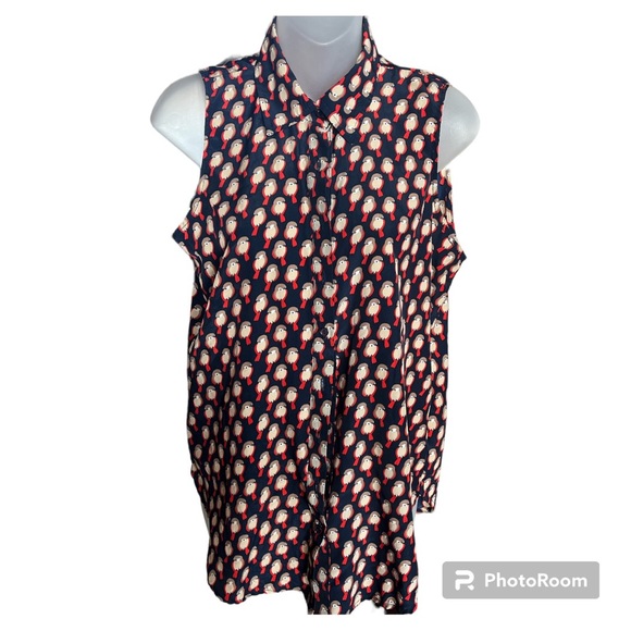 Halo Tops - Halo Navy Red Tail Bird All Over Print Button Up Sleeveless Top size S/M